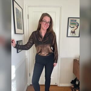 70s Vintage Teddi California Bronze Lurex Disco Long Sleeve Top w Cowl Neck